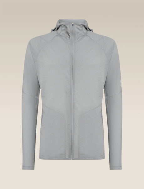 A light gray hooded zip-up jacket displayed on a neutral beige gradient background. - Icebreaker 150 MerinoFine Ace Long Sleeve Zip Hoodie (Men's) - Proto Grey