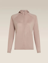 A light dusty pink hooded zip-up athletic jacket displayed on a clean, solid beige background. - Icebreaker 150 MerinoFine Ace Long Sleeve Zip Hoodie (Women's) - Pink Quartz