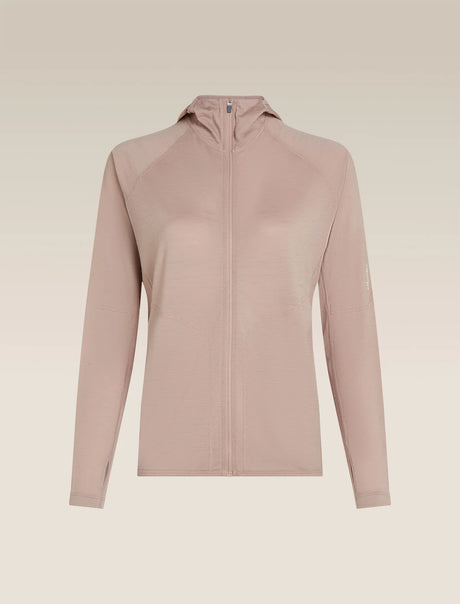 A light dusty pink hooded zip-up athletic jacket displayed on a clean, solid beige background. - Icebreaker 150 MerinoFine Ace Long Sleeve Zip Hoodie (Women's) - Pink Quartz