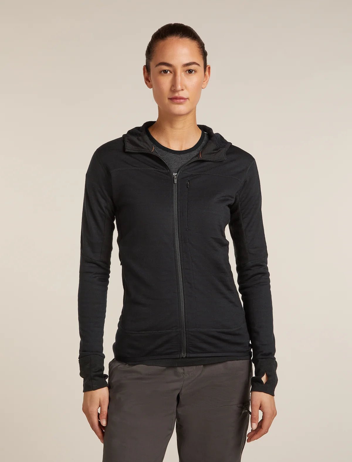 A woman modeling a black full-zip hooded athletic jacket over a dark gray shirt, paired with gray pants, against a plain light beige studio background. - Icebreaker Merino Blend 300 RealFleece Descender Long Sleeve Zip Hoodie (Women's) - Black