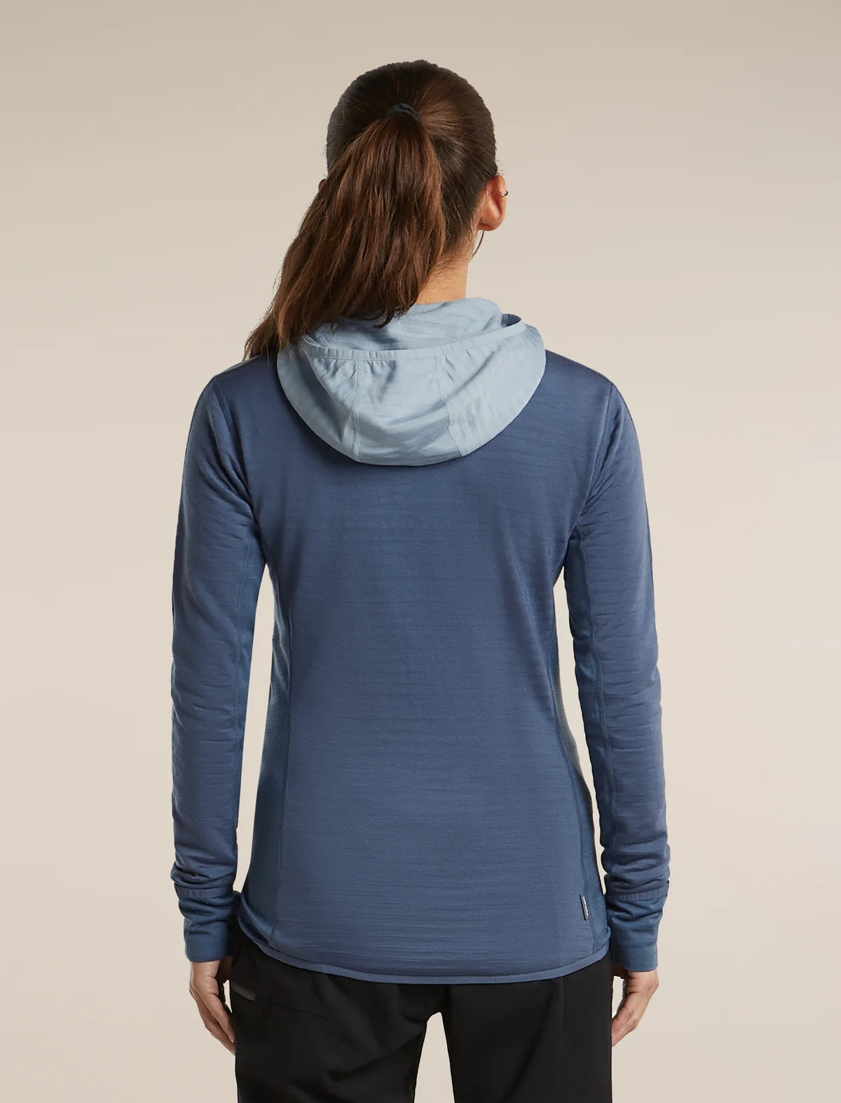 A woman shown from the back wearing a blue long-sleeve athletic hooded top and gray pants against a plain light beige studio background. - Icebreaker Merino Blend 300 RealFleece Descender Long Sleeve Zip Hoodie (Women's) - blue, light blue, dawn/zinc blue