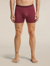 A man's lower body wearing a pair of burgundy boxer briefs, shown from the waist down against a plain light beige studio background. The brand name 'les brekaers' is subtly printed on the waistband. - Icebreaker Merino 150 Anatomica Boxers (Men's) - Port