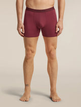 A man's lower body wearing a pair of burgundy boxer briefs, shown from the waist down against a plain light beige studio background. The brand name 'les brekaers' is subtly printed on the waistband. - Icebreaker Merino 150 Anatomica Boxers (Men's) - Port