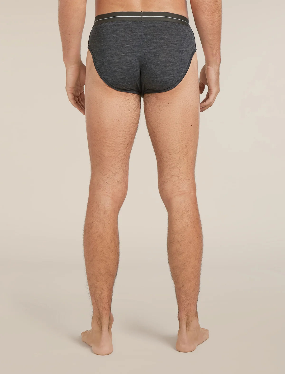 Rear view of a man wearing dark gray heathered briefs against a light beige studio background. - Icebreaker Merino 150 Anatomica Briefs (Men's) - Jet Heather