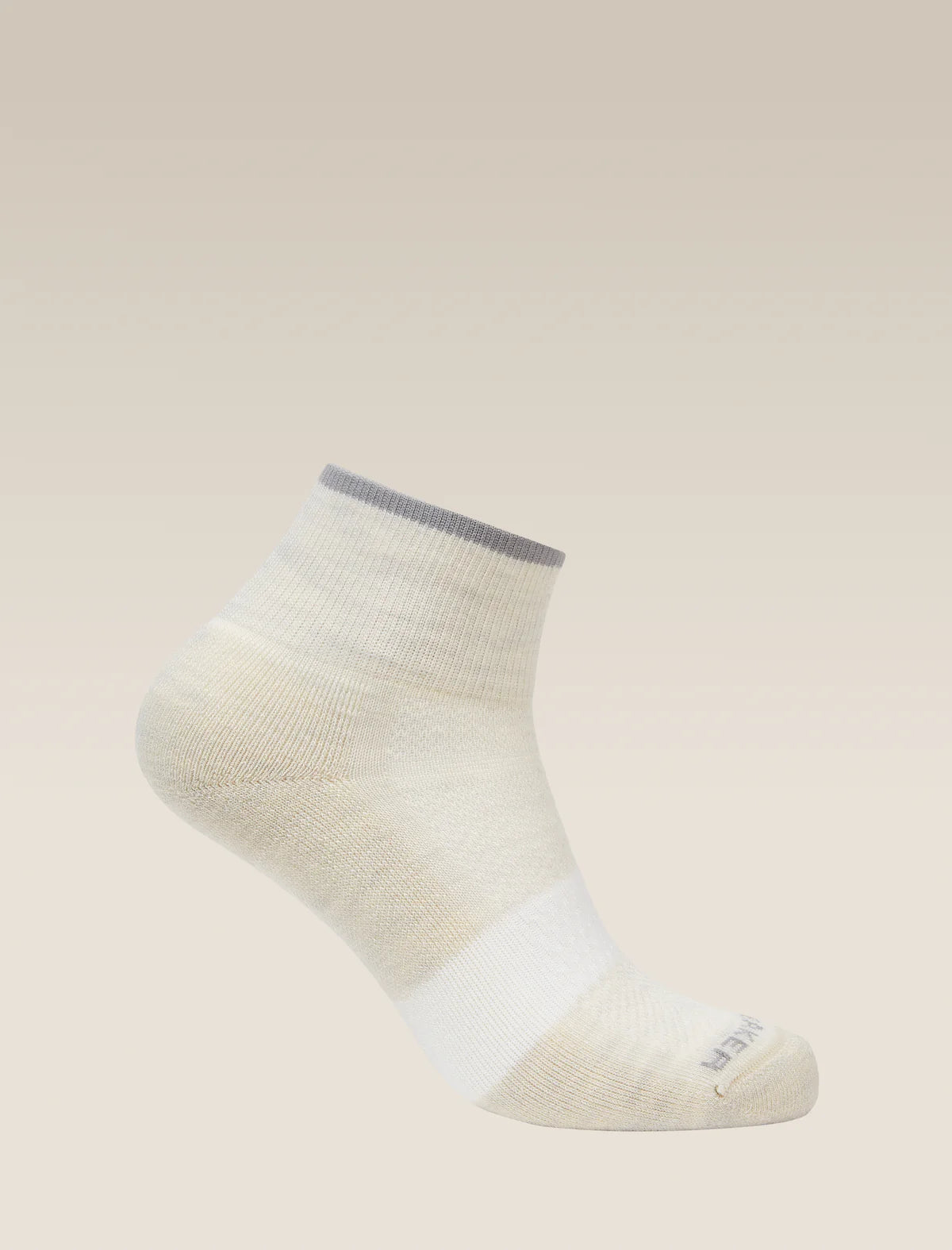 Beige ankle sock with a white stripe on a beige background - Icebreaker Merino Multisport Light Mini Socks (Women's) - Ecru Heather/Alloy