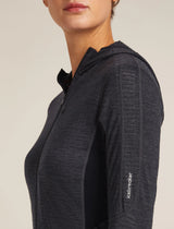 Dark gray zip-up hoodie with a visible brand logo on a beige background - Icebreaker Merino Blend 200 Realfleece Descender Long Sleeve Zip Hoodie (Women's) - Jet Heather/Black