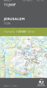 Front cover of a TASMAP Jerusalem TL06 map publication, showing a top-down map of Jerusalem with labels, a dark gray header, and a green band reading 'Tasmania 1:50 000 Series'. - Tasmap 1:50000 Topographic/Cadastral Maps - Jerusalem