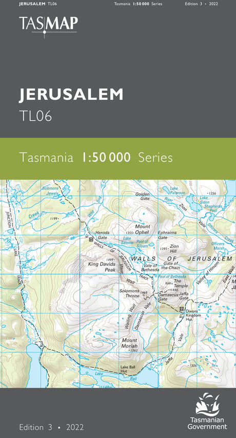 Front cover of a TASMAP Jerusalem TL06 map publication, showing a top-down map of Jerusalem with labels, a dark gray header, and a green band reading 'Tasmania 1:50 000 Series'. - Tasmap 1:50000 Topographic/Cadastral Maps - Jerusalem