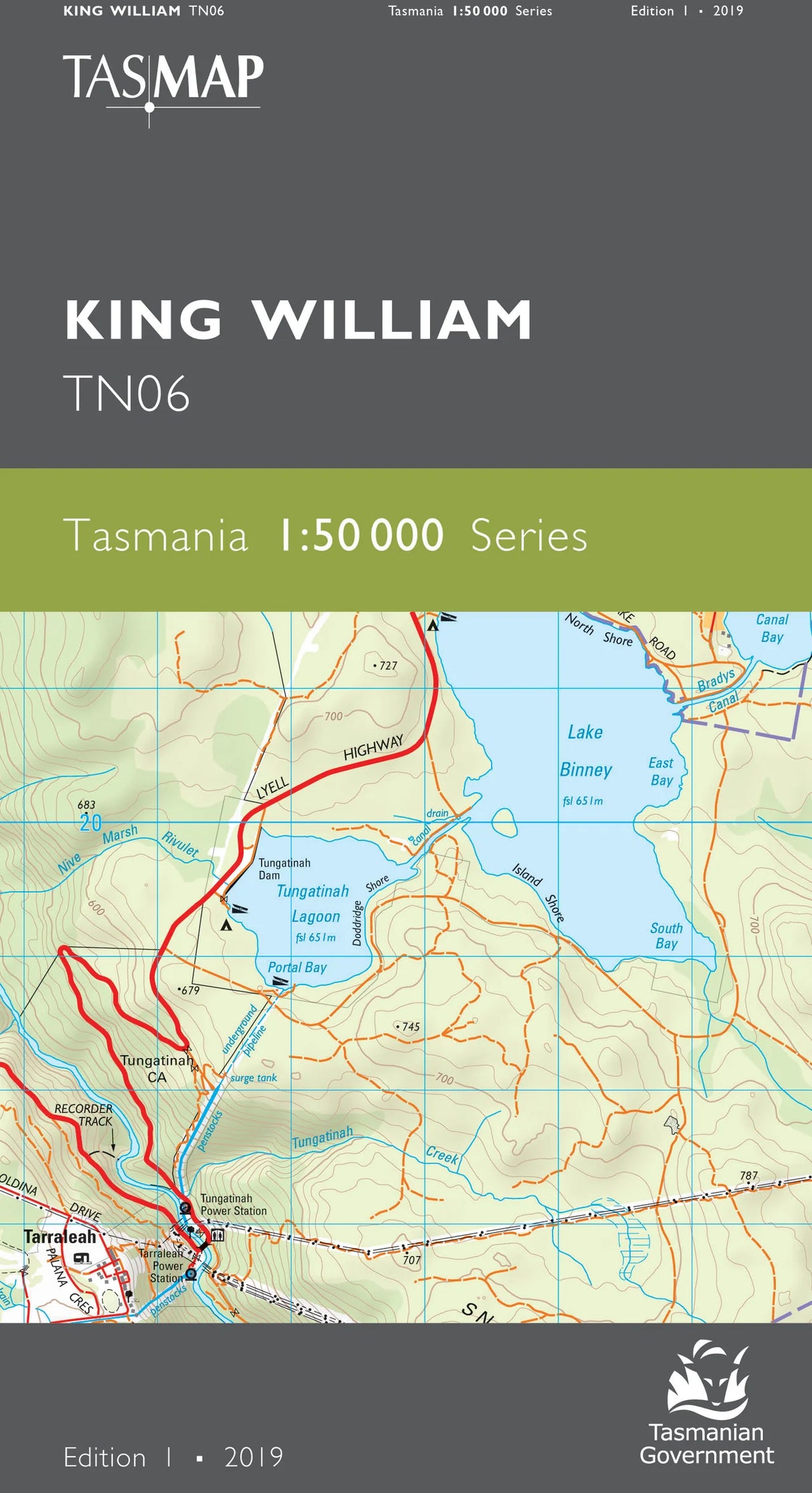 Front cover of a TASMAP King William TN06 map publication from the Tasmania 1:50000 Series, showing a topographic map with roads, contour lines, and water features on a dark gray and green cover design. - Tasmap 1:50000 Topographic/Cadastral Maps - King William