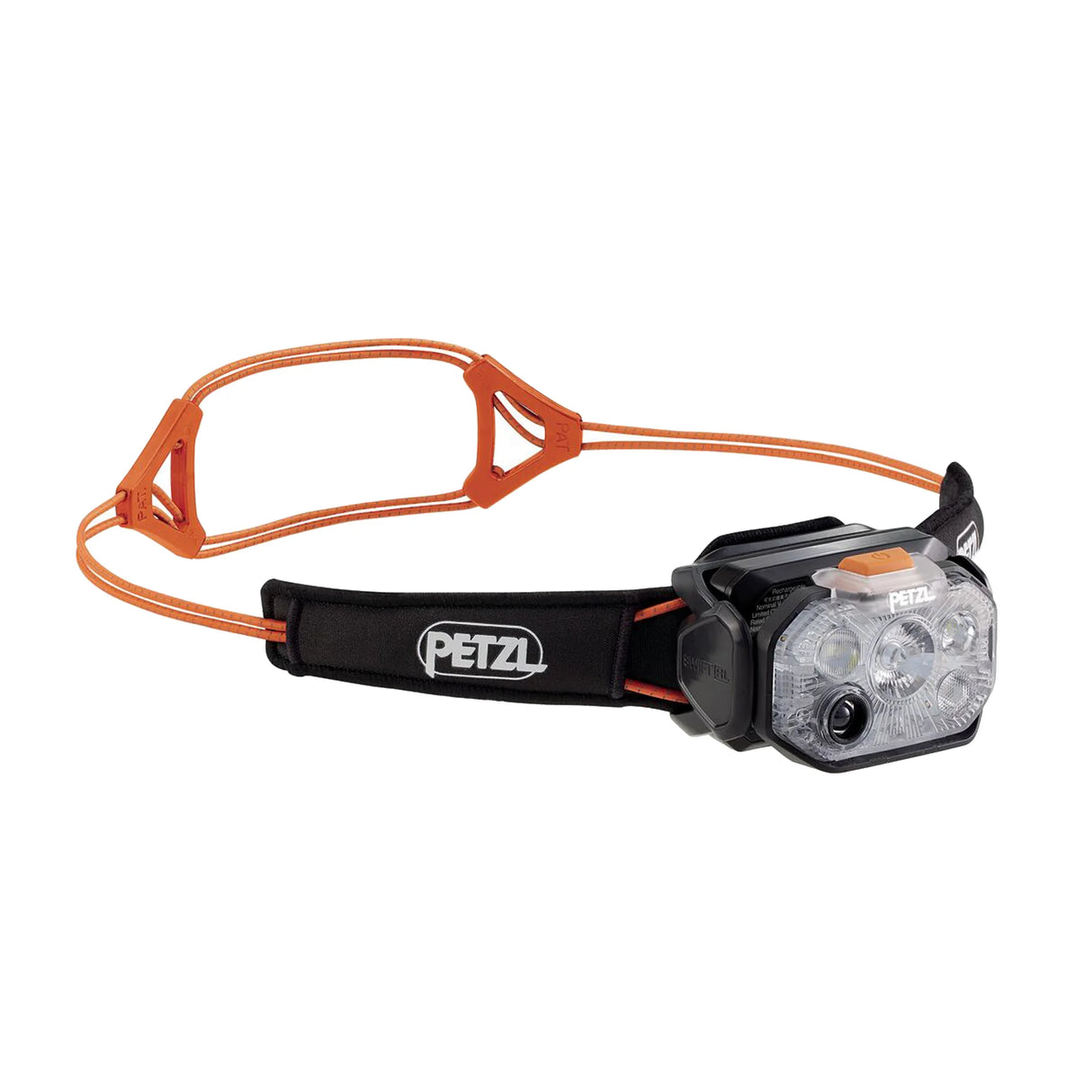 Petzl headlamp with orange strap on a white background - Petzl Swift RL Headlamp - Black/Orange