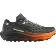 A Salomon trail running shoe in black and dark gray with a prominent orange midsole and light olive green branding, shown from a lateral side profile on a white background. - Salomon Ultra Glide 4 Shoes (Men's) - Urban Chic/Black/Lime Cream