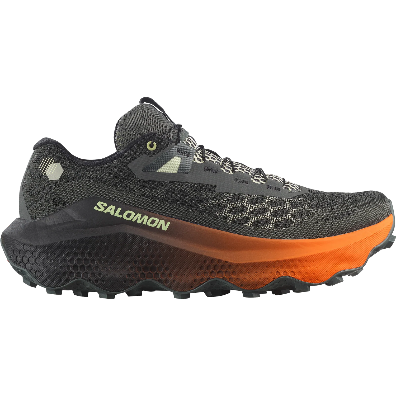 A Salomon trail running shoe in black and dark gray with a prominent orange midsole and light olive green branding, shown from a lateral side profile on a white background. - Salomon Ultra Glide 4 Shoes (Men's) - Urban Chic/Black/Lime Cream