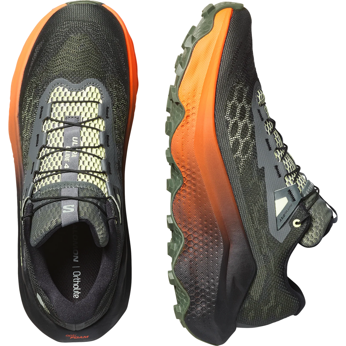 A pair of Salomon trail running shoes shown from the rear and lateral side views on a plain white background. The shoes feature a dark gray and olive green mesh upper with a vibrant orange gradient midsole and black laces. - Salomon Ultra Glide 4 Shoes (Men's) - Urban Chic/Black/Lime Cream
