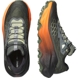 A pair of Salomon trail running shoes shown from the rear and lateral side views on a plain white background. The shoes feature a dark gray and olive green mesh upper with a vibrant orange gradient midsole and black laces. - Salomon Ultra Glide 4 Shoes (Men's) - Urban Chic/Black/Lime Cream