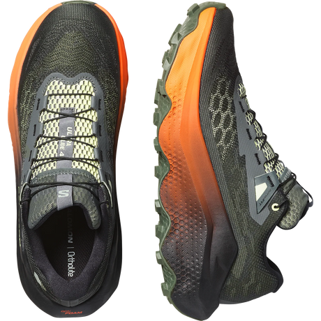 A pair of Salomon trail running shoes shown from the rear and lateral side views on a plain white background. The shoes feature a dark gray and olive green mesh upper with a vibrant orange gradient midsole and black laces. - Salomon Ultra Glide 4 Shoes (Men's) - Urban Chic/Black/Lime Cream