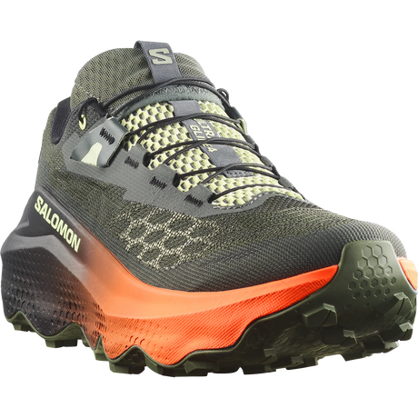 Salomon trail running shoe in dark olive green and black with a bright orange midsole and lime green accents, shown on a white background. - Salomon Ultra Glide 4 Shoes (Men's) - Urban Chic/Black/Lime Cream