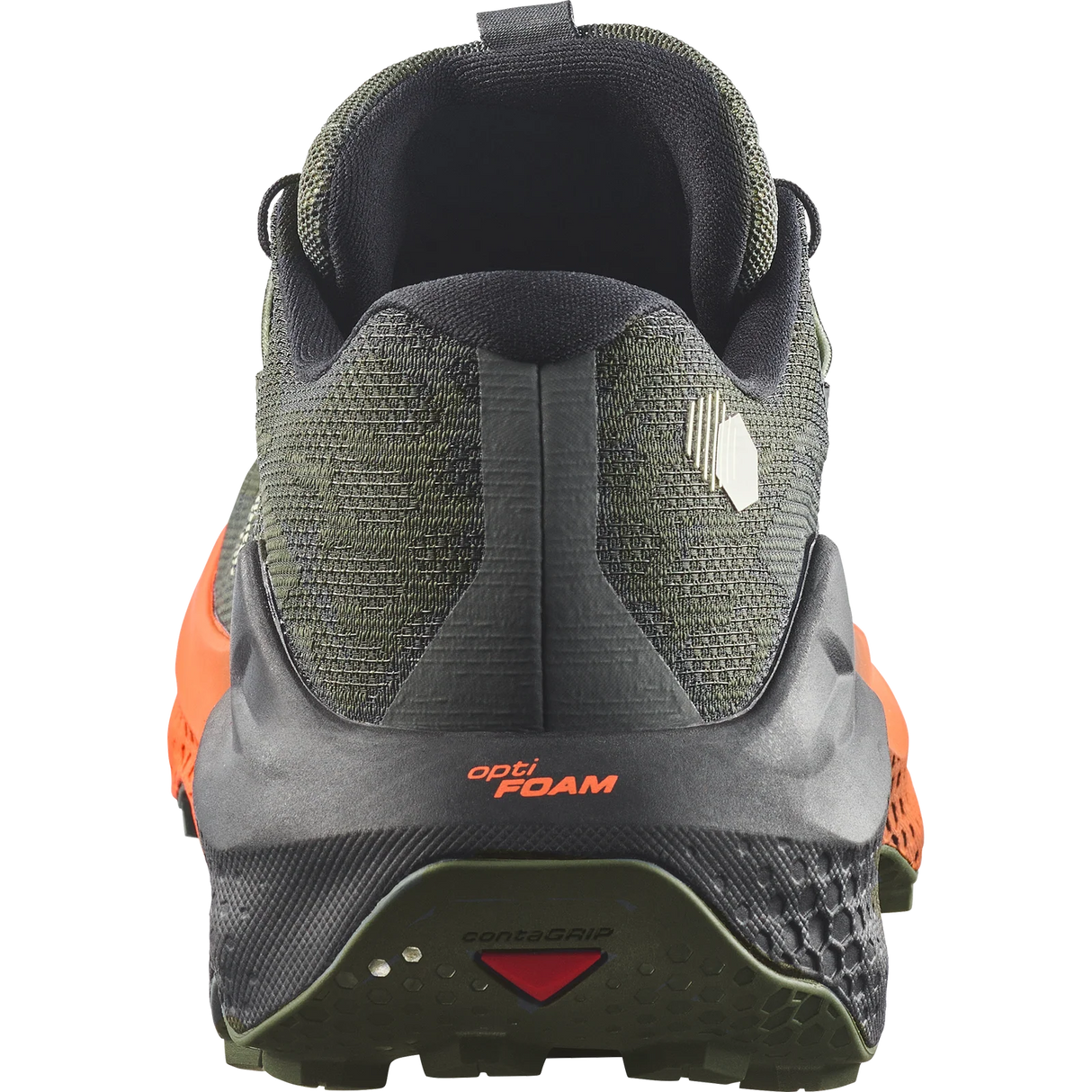 Close-up rear view of a trail running shoe in dark olive green and black with bright orange side accents, showing the heel, midsole, and outsole details. - Salomon Ultra Glide 4 Shoes (Men's) - Urban Chic/Black/Lime Cream