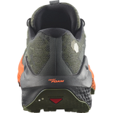 Close-up rear view of a trail running shoe in dark olive green and black with bright orange side accents, showing the heel, midsole, and outsole details. - Salomon Ultra Glide 4 Shoes (Men's) - Urban Chic/Black/Lime Cream