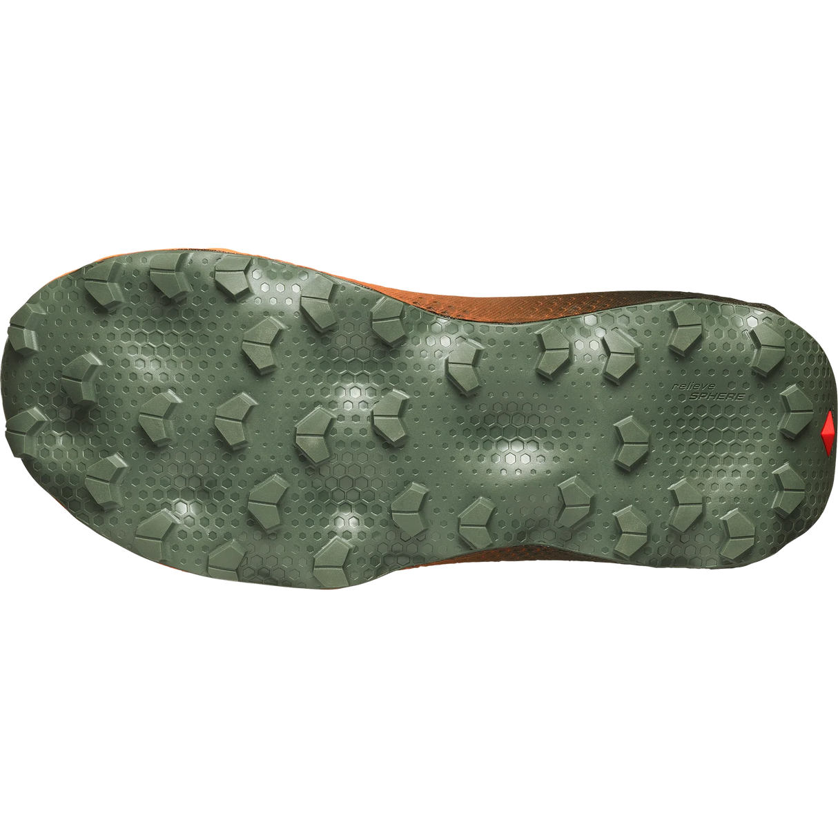 The outsole of a trail running shoe, featuring a dark olive green tread with hexagonal and pentagonal lugs, shown against a plain white background. - Salomon Ultra Glide 4 Shoes (Men's) - Urban Chic/Black/Lime Cream