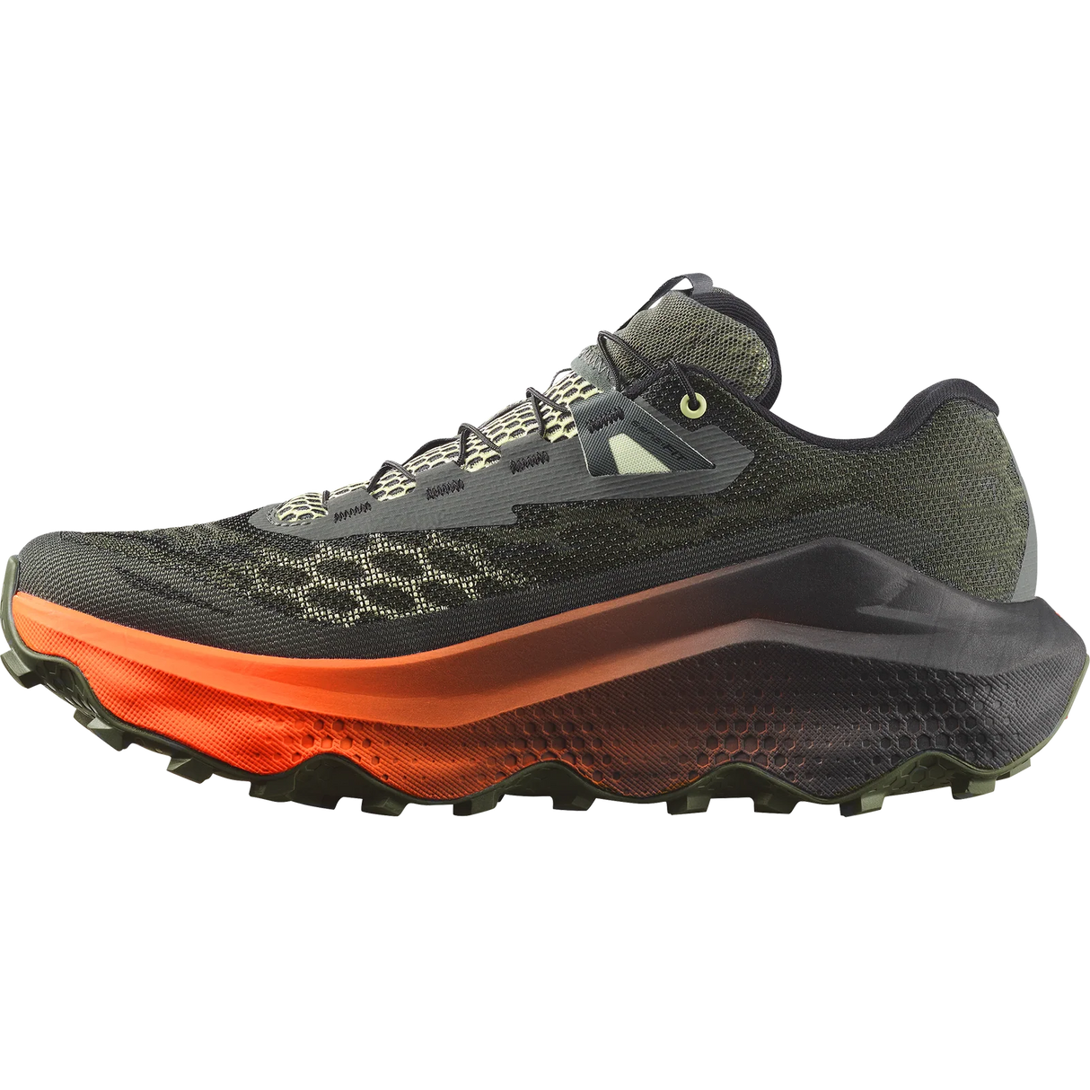 A trail running shoe shown in a side profile view against a solid white background. The shoe features a dark olive green and black mesh upper, a thick black midsole with a vibrant orange gradient transition, and a rugged black outsole. - Salomon Ultra Glide 4 Shoes (Men's) - Urban Chic/Black/Lime Cream