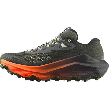 A trail running shoe shown in a side profile view against a solid white background. The shoe features a dark olive green and black mesh upper, a thick black midsole with a vibrant orange gradient transition, and a rugged black outsole. - Salomon Ultra Glide 4 Shoes (Men's) - Urban Chic/Black/Lime Cream