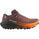 A Salomon trail running shoe in a dark plum-brown colorway with bright orange accents on the midsole, laces, and logo details, shown from a side profile on a white background. - Salomon Ultra Glide 4 Shoes (Women's) - Huckleberry/Black/Red Orange