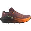 A Salomon trail running shoe in a dark plum-brown colorway with bright orange accents on the midsole, laces, and logo details, shown from a side profile on a white background. - Salomon Ultra Glide 4 Shoes (Women's) - Huckleberry/Black/Red Orange