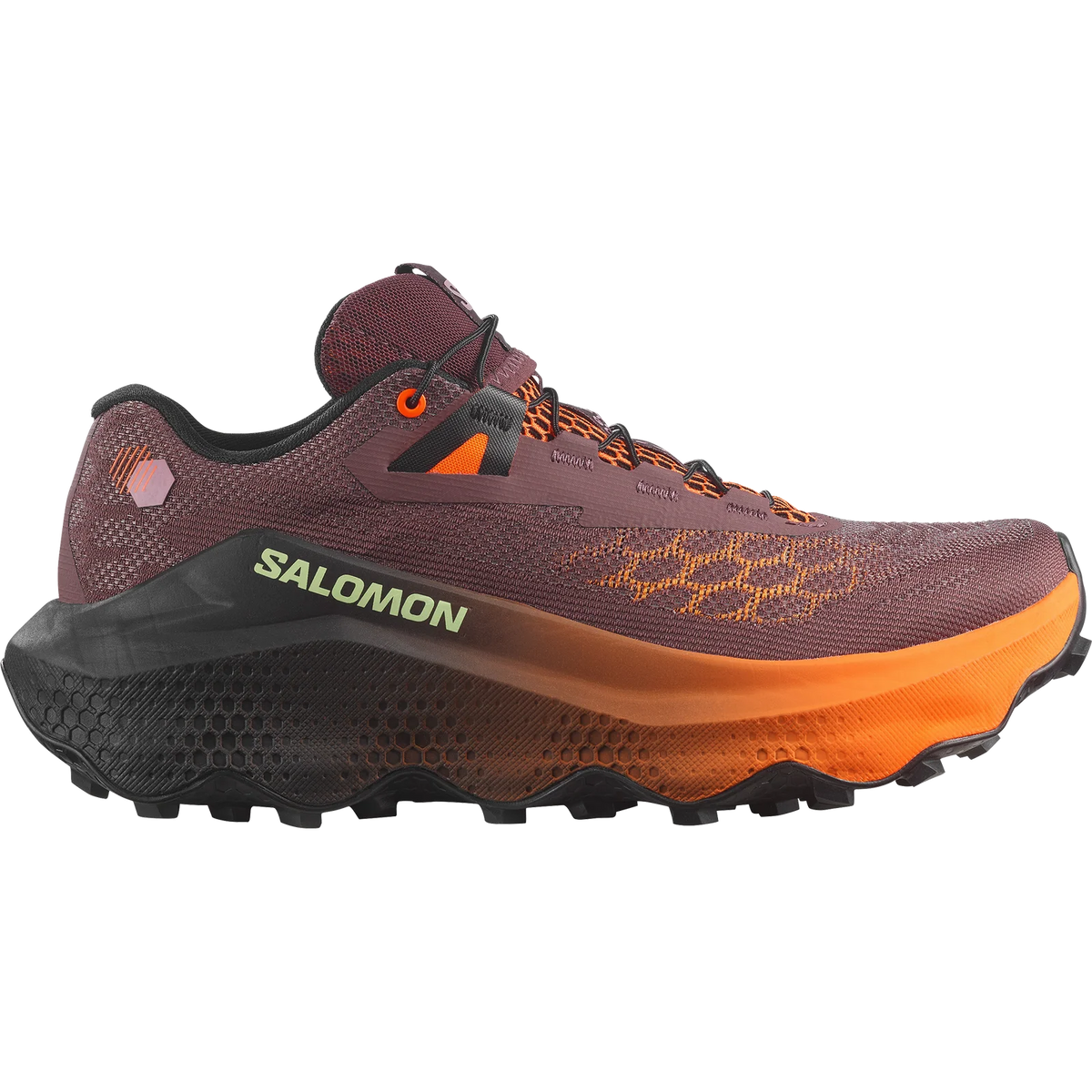 A Salomon trail running shoe in a dark plum-brown colorway with bright orange accents on the midsole, laces, and logo details, shown from a side profile on a white background. - Salomon Ultra Glide 4 Shoes (Women's) - Huckleberry/Black/Red Orange