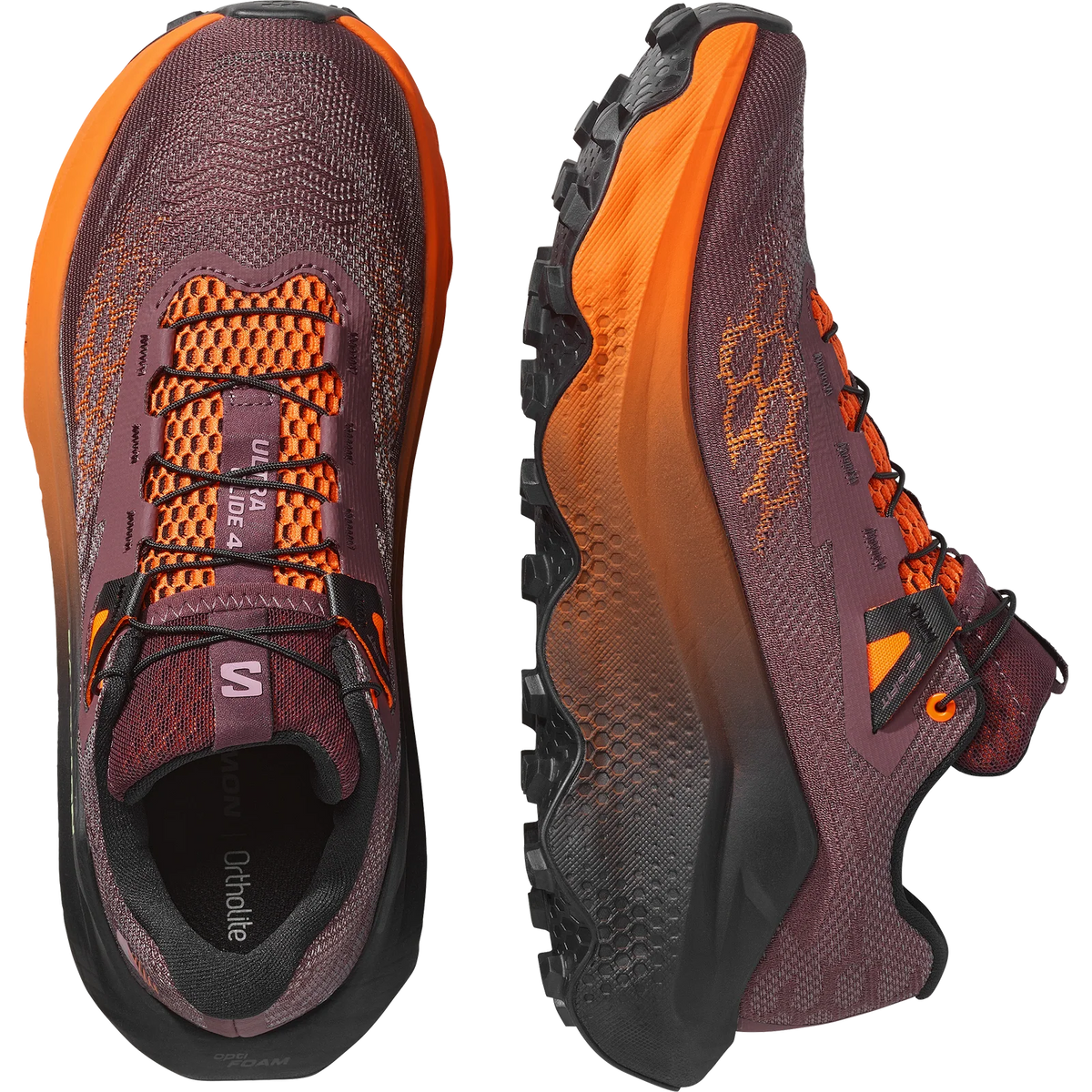 A pair of Salomon trail running shoes shown from the front and side on a clean white background. The shoes feature a dark plum-purple mesh upper with bright orange accents, a black and orange gradient midsole, and a rugged black outsole. - Salomon Ultra Glide 4 Shoes (Women's) - Huckleberry/Black/Red Orange