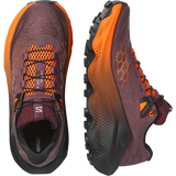 A pair of Salomon trail running shoes shown from the front and side on a clean white background. The shoes feature a dark plum-purple mesh upper with bright orange accents, a black and orange gradient midsole, and a rugged black outsole. - Salomon Ultra Glide 4 Shoes (Women's) - Huckleberry/Black/Red Orange