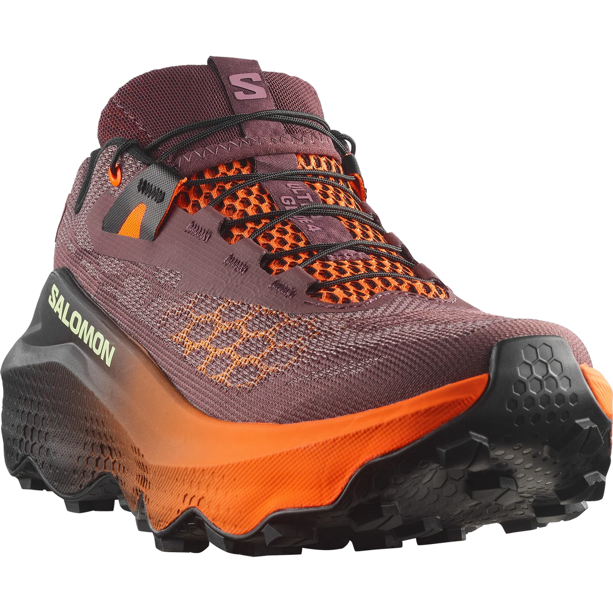 Salomon trail running shoe in a dark plum purple and bright orange colorway, featuring a textured knit upper, orange laces, and a thick orange and black midsole. - Salomon Ultra Glide 4 Shoes (Women's) - Huckleberry/Black/Red Orange