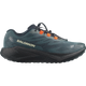 A Salomon trail running shoe in dark teal and black with bright orange lace hooks, shown in a side profile on a white background.- Salomon Aero Blaze 4 GRVL Shoes (Men's) - Urban Chic/Black/Lime Cream