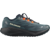 A Salomon trail running shoe in dark teal and black with bright orange lace hooks, shown in a side profile on a white background.- Salomon Aero Blaze 4 GRVL Shoes (Men's) - Urban Chic/Black/Lime Cream
