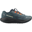 A Salomon trail running shoe in dark teal and black with bright orange lace hooks, shown in a side profile on a white background.- Salomon Aero Blaze 4 GRVL Shoes (Men's) - Urban Chic/Black/Lime Cream