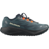 A Salomon trail running shoe in dark teal and black with bright orange lace hooks, shown in a side profile on a white background.- Salomon Aero Blaze 4 GRVL Shoes (Men's) - Urban Chic/Black/Lime Cream