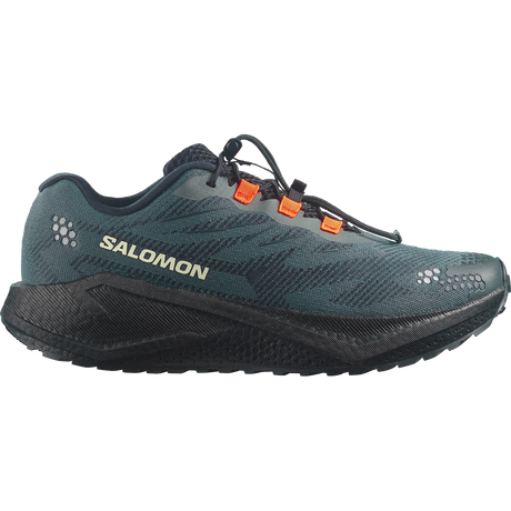 A Salomon trail running shoe in dark teal and black with bright orange lace hooks, shown in a side profile on a white background.- Salomon Aero Blaze 4 GRVL Shoes (Men's) - Urban Chic/Black/Lime Cream
