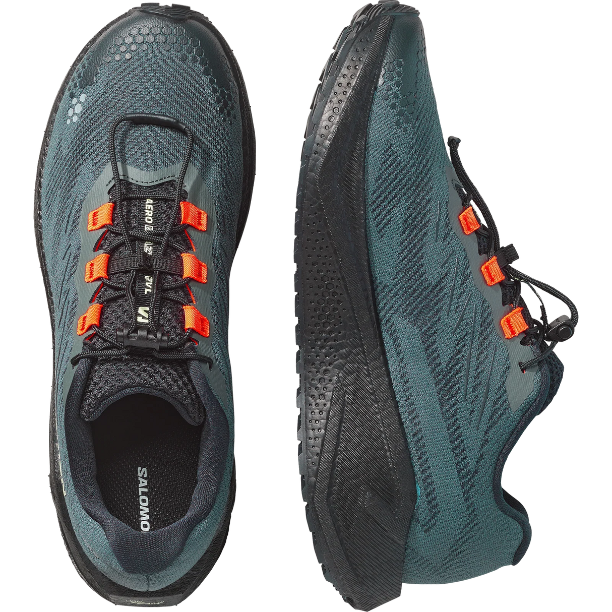 Salomon trail running shoes in a dark teal and black mesh, featuring bright orange laces and accents, shown from both top and side profile views on a white background.- Salomon Aero Blaze 4 GRVL Shoes (Men's) - Urban Chic/Black/Lime Cream