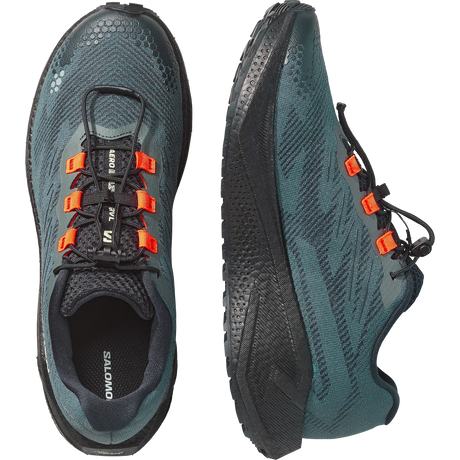 Salomon trail running shoes in a dark teal and black mesh, featuring bright orange laces and accents, shown from both top and side profile views on a white background.- Salomon Aero Blaze 4 GRVL Shoes (Men's) - Urban Chic/Black/Lime Cream