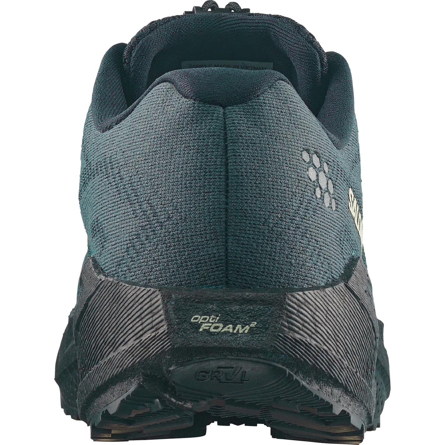 Close-up rear view of a trail running shoe in dark teal and black, showing the textured mesh upper, heel counter, and sole with 'opti FOAM' and 'GRAIL' branding.- Salomon Aero Blaze 4 GRVL Shoes (Men's) - Urban Chic/Black/Lime Cream