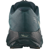 Close-up rear view of a trail running shoe in dark teal and black, showing the textured mesh upper, heel counter, and sole with 'opti FOAM' and 'GRAIL' branding.- Salomon Aero Blaze 4 GRVL Shoes (Men's) - Urban Chic/Black/Lime Cream