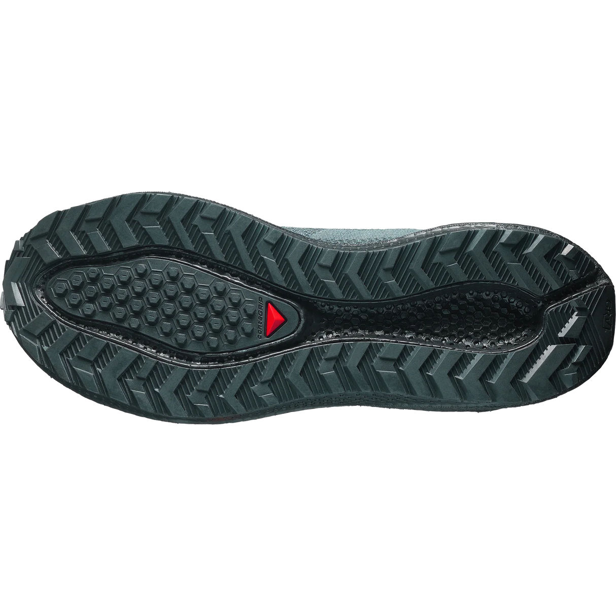 The outsole of a trail running shoe, showing a dark gray and black tread pattern with a small red triangular logo near the heel, on a solid white background.- Salomon Aero Blaze 4 GRVL Shoes (Men's) - Urban Chic/Black/Lime Cream