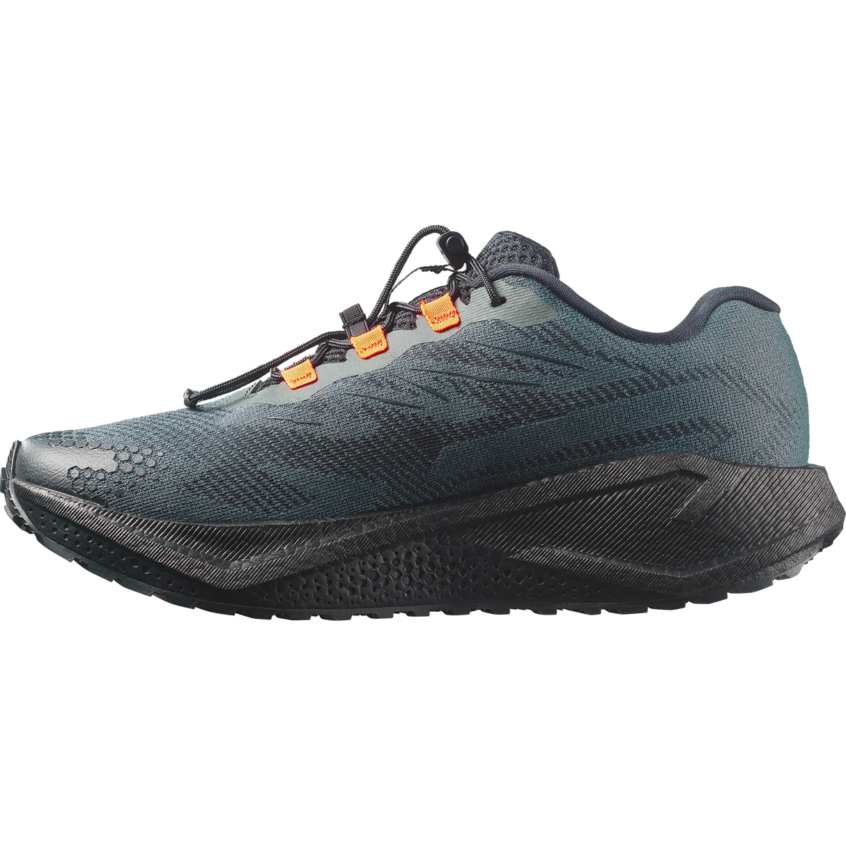 A dark slate blue-gray running shoe with a black midsole and outsole, featuring small orange accents on the laces, shown from a side profile view on a white background.- Salomon Aero Blaze 4 GRVL Shoes (Men's) - Urban Chic/Black/Lime Cream