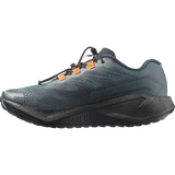 A dark slate blue-gray running shoe with a black midsole and outsole, featuring small orange accents on the laces, shown from a side profile view on a white background.- Salomon Aero Blaze 4 GRVL Shoes (Men's) - Urban Chic/Black/Lime Cream