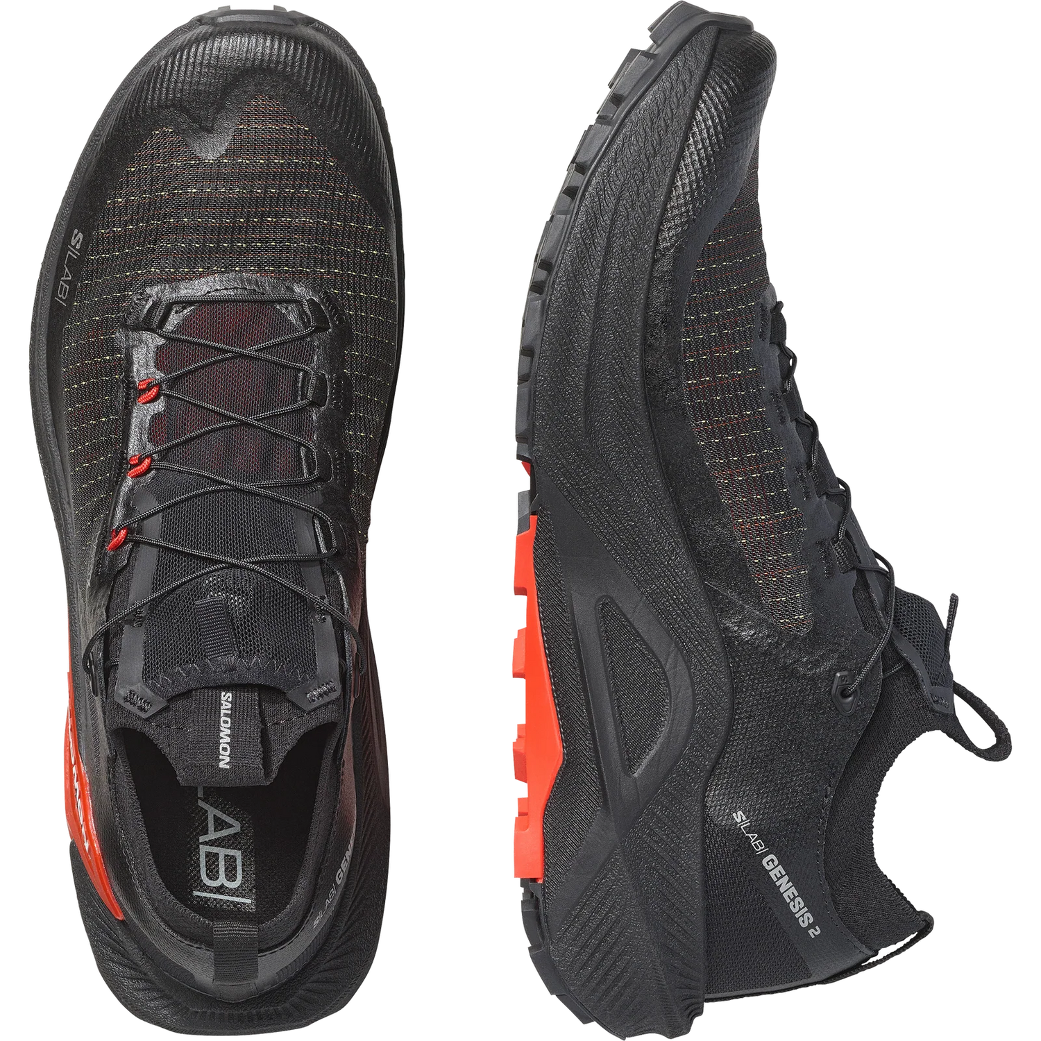 Black Salomon Abi trail running shoes shown from the top and side views against a white background. - Salomon S/LAB Genesis 2 Shoes (Unisex) - Black/Black/Fiery Red