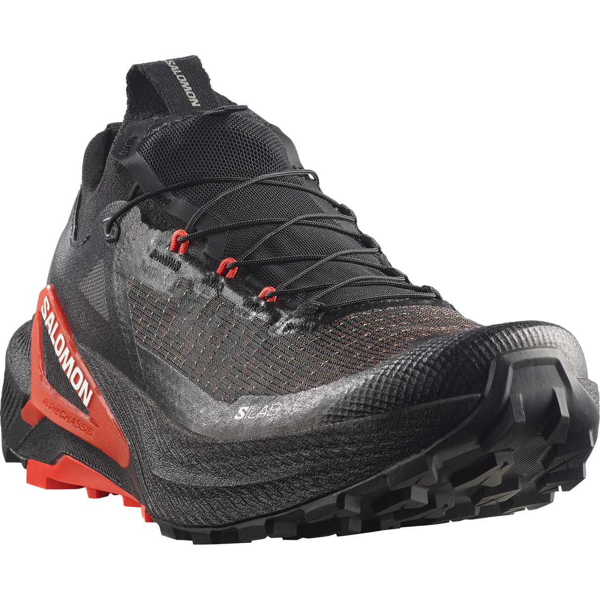 Salomon Salbris X Ultra trail running shoe in black and dark gray with bright orange-red accents on the side and heel, shown from a three-quarters angle on a white background. - Salomon S/LAB Genesis 2 Shoes (Unisex) - Black/Black/Fiery Red