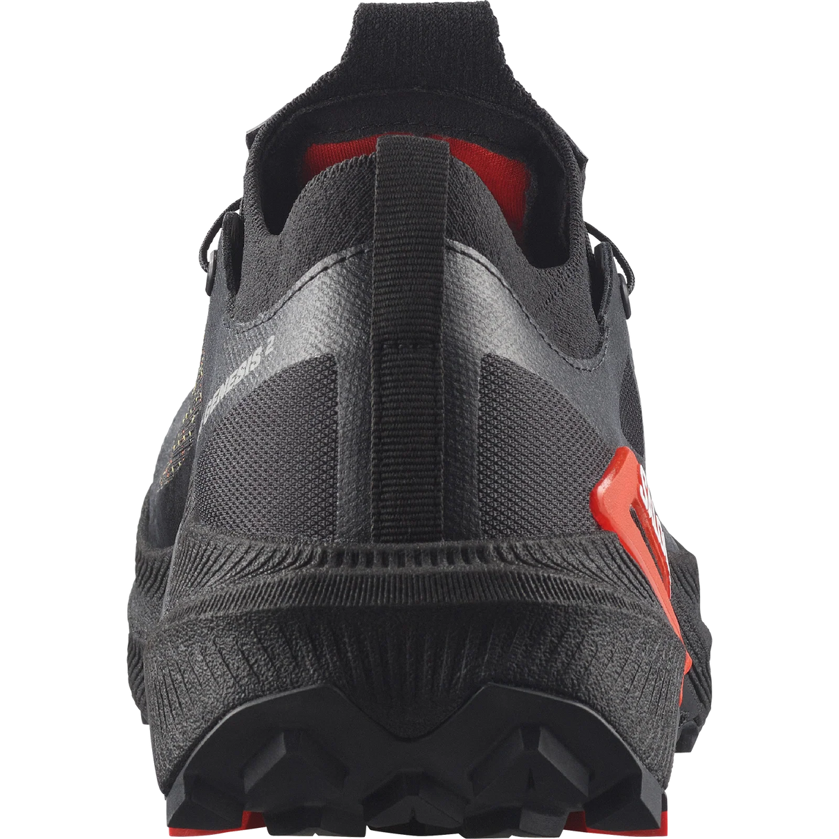 Close-up rear view of a black athletic shoe with red accents and a textured sole, shown on a white background. - Salomon S/LAB Genesis 2 Shoes (Unisex) - Black/Black/Fiery Red