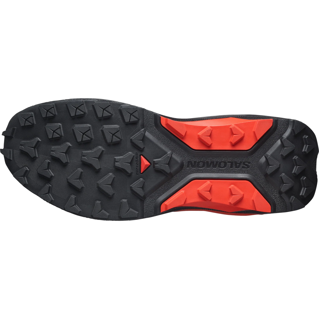 The outsole of a Salomon trail running shoe, featuring a black treaded rubber base with bright orange-red accents and the Salomon brand name embossed on the heel. - Salomon S/LAB Genesis 2 Shoes (Unisex) - Black/Black/Fiery Red
