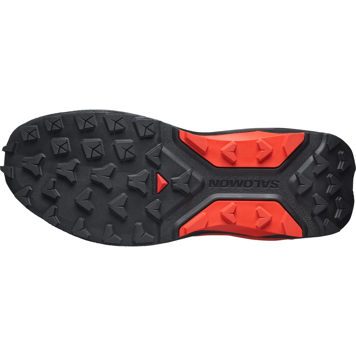 The outsole of a Salomon trail running shoe, featuring a black treaded rubber base with bright orange-red accents and the Salomon brand name embossed on the heel. - Salomon S/LAB Genesis 2 Shoes (Unisex) - Black/Black/Fiery Red