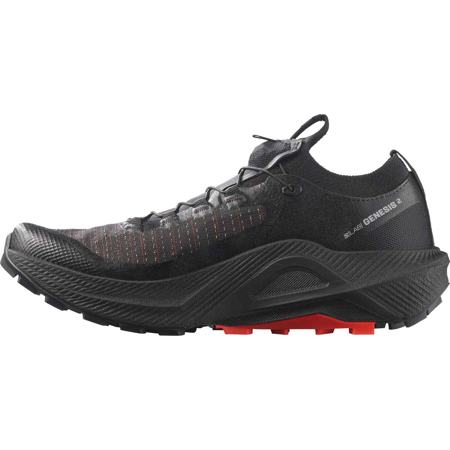 A black Salomon Black Genesis 2 trail running shoe with subtle orange stitching on the upper and a bright red outsole accent, shown in a side profile on a white background. - Salomon S/LAB Genesis 2 Shoes (Unisex) - Black/Black/Fiery Red