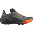 Salomon trail running shoe in dark gray and black with bright orange laces and a vibrant orange outsole, shown from a side profile on a white background. - Salomon Genesis 2 Shoes (Men's) - Urban Chic/Black/Lime Cream
